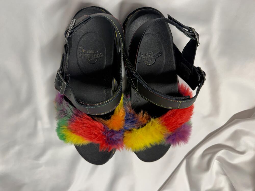 Dr Martens Voss II Fluffy Rainbow Faux Fur Platform Sandals Women 10 EU 42